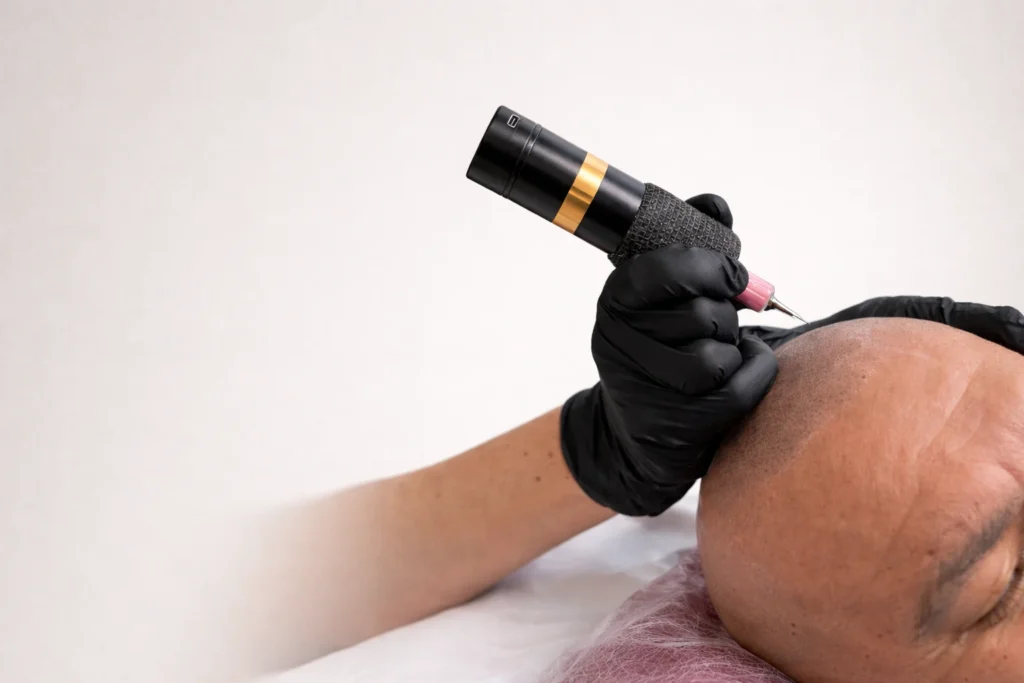 Esther Castells realizando micropigmentación capilar