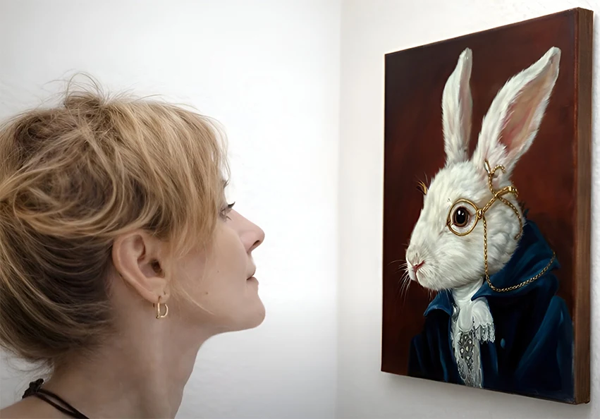 Esther Castells mirando un cuadro pintado por ella